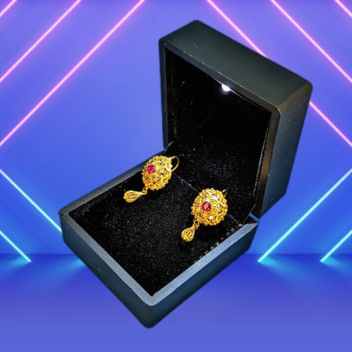Royal Charm – Gold-Plated Drop Earrings with Ruby Accent