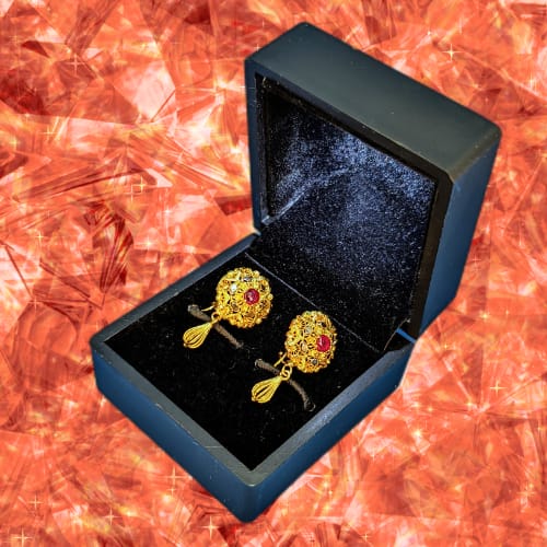 Gold-Plated Filigree Drop Earrings with Red Stone Accent