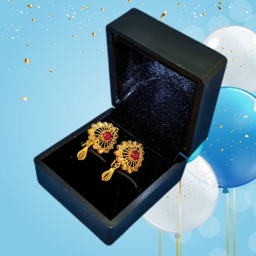 Elegant Gold-Plated Floral Earrings with Red Gemstone