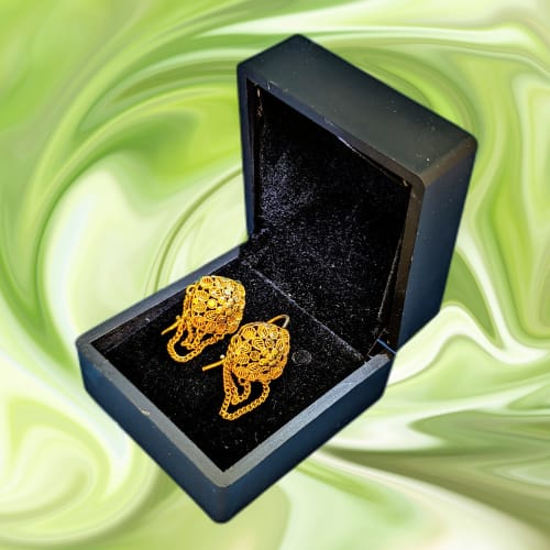 Gold-Plated Floral Filigree Earrings with Dual Chain Detailing